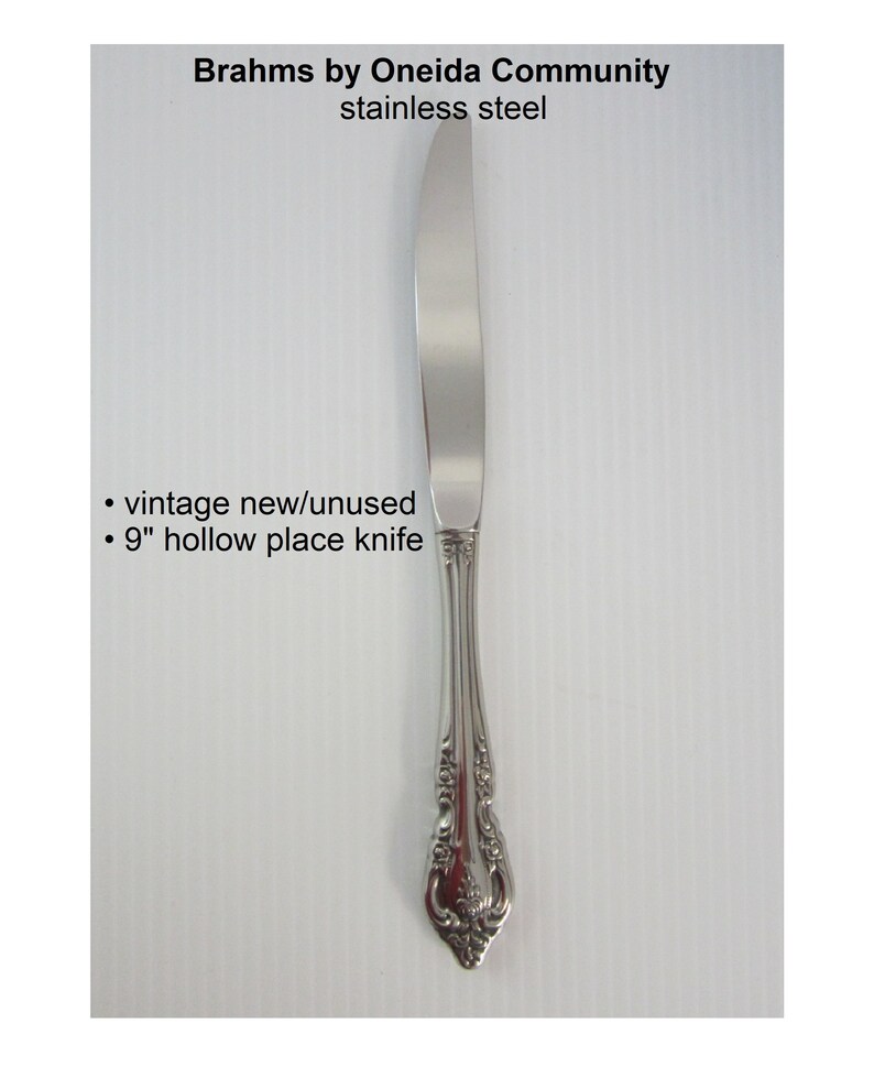 May include: A silver hollow place knife with an ornate handle. The knife is 9 inches long and is new and unused. It is part of the Brahms pattern by Oneida Community.