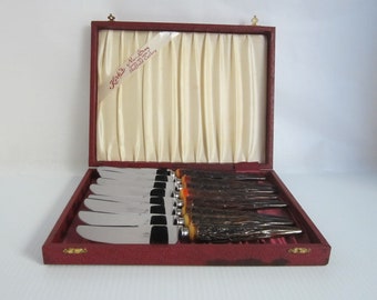 8-Pc Nu-Stag Dinner Knife Set by Kirk's Sheffield Cutlery • Vintage 1950s Hand-Forged Stainless Steel Butter Knives in Box • Made in England