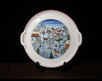 12" Handled Cake Plate, Naif Christmas by Villeroy & Boch • Vintage 1983 Gérard Laplau Snowy Village Scene, Horses People Trees • Luxembourg