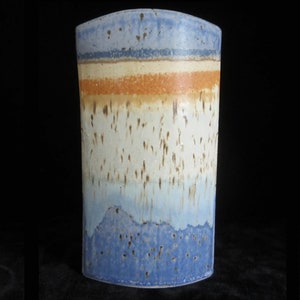 8 1/2 Studio Art Pottery Vase Signed Unknown Artist Rustic Hand Built Oval Slab Form Vivid Horizonal Bands Blue Periwinkle, Orange, Tan image 2