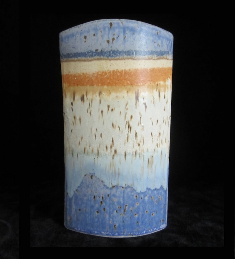 8 1/2 Studio Art Pottery Vase Signed Unknown Artist Rustic Hand Built Oval Slab Form Vivid Horizonal Bands Blue Periwinkle, Orange, Tan image 2