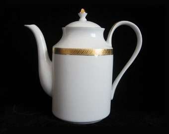 6-Cup Pure Gold Porcelain Coffee by Centurion • Vintage Retired Pattern 9414 White, Encrusted Band & Trim • No-Drip Spout, Large Handle NICE