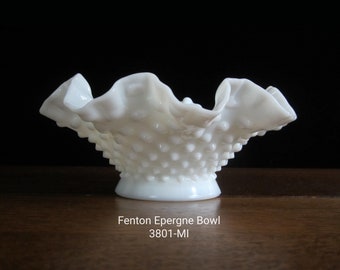 8" Fenton Hobnail Milk Glass Epergne Bowl Only, No. 3801-MI Miniature Replacement • 1950 Vintage Double Crimped, Built-in Frog • WV USA