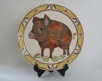 12 1/12" Rothwoman Platter with Pig • Vintage 1970s Hippie-Era Colorful Round Pottery Plate • Handmade & Signed Collectible, Made in CA, USA