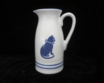 6 1/4" Country Blue Pitcher by International House • Vintage 1982 Blue Cat Motif on 15-Oz Cream White Ceramic • Farmhouse Rustic Mix & Match