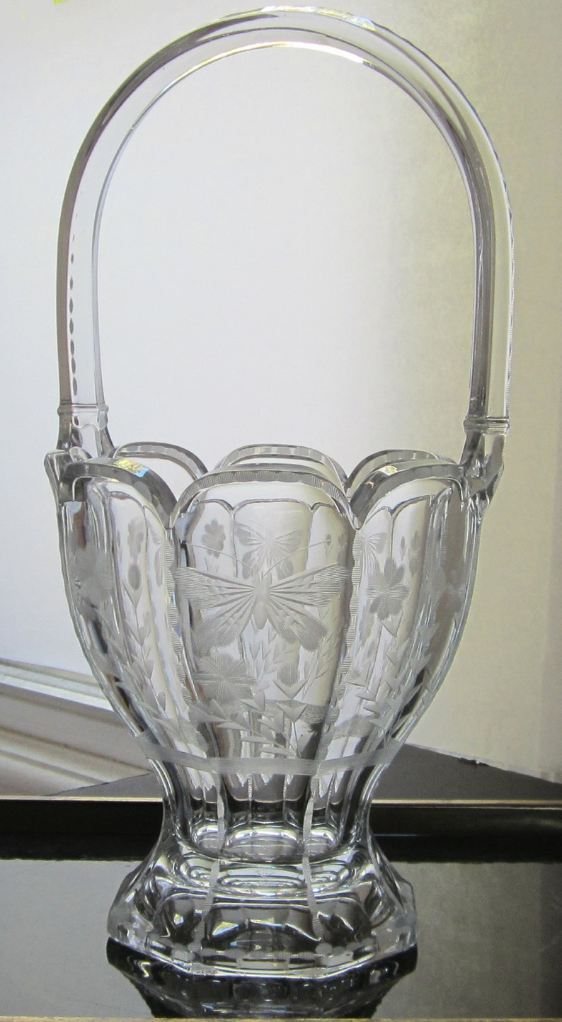 13 Heisey Colonial Glass Basket Butterfly & Flower Cutting Antique 1915 Elegant Crystal Handle Etched Line 459 Easter Wedding Gift USA image 2