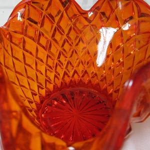 Red Glass Basket with Handle Diamond Point Hobnail Vintage Collectible Handmade Glassware Candy Dish Accent Piece Beveled Starred Base image 2