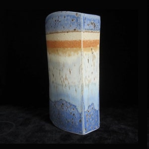 8 1/2 Studio Art Pottery Vase Signed Unknown Artist Rustic Hand Built Oval Slab Form Vivid Horizonal Bands Blue Periwinkle, Orange, Tan image 3