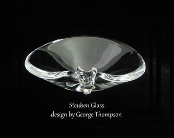 Steuben Ashtray Ovoid Crystal Signed George Thompson Design No. 7836  • Vintage 1950s Modern Era Abstract Slant Shape • Collectible NY USA