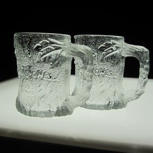2-Pc Flintstones RocDonald's TreeMendous Mug, McDonald's • Vintage 1993 Set 3D Clear Glass Collector Cup • 8 Oz Handled • Crafted in France