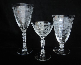 3-Pc Fostoria Chintz Starter Set , Vintage 1940 Elegant Crystal Optic Etching 338 • Water, Footed Iced Tea, Liquor Cocktail • Stem 6026