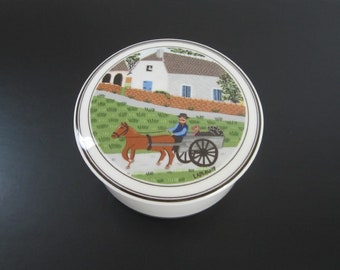 4" Design Naif Candy or Trinket Box by Villeroy & Boch • Vintage 1983 Gerald LaPlau Horse Cart Country Scene • Vitro-Porcelaine, Luxembourg