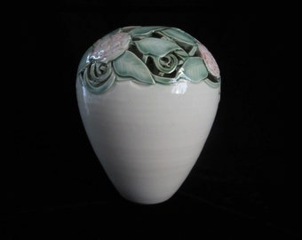 8" Cindy Searles Flower Vase Hand Carved Floral Studio Art Pottery • White, Pink Flowers & Green Leaves • Vintage Signed CA Classic Vessel