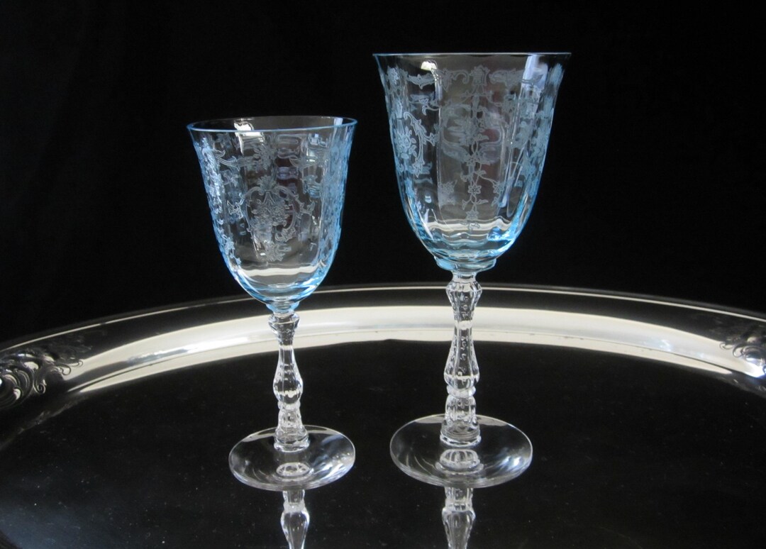 2pc Fostoria Navarre Blue Duo Water & Claret Wine Glass Vintage 1973