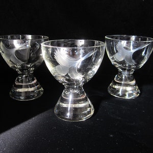 3-Pc Cordial Shot Glass Set Engraved Goose in Flight • Vintage Weighted Triangle Base • Etched Game Bird Handmade Barware Liquor Cocktail