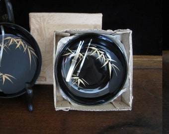 2-Pc Black Lacquerware Bowl Gold Bamboo • Vintage 4" Round Dipping Condiment Dish in Box • Handcrafted Japanese Shallow Footed Snack Plate