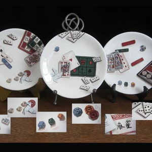 6-Pc Canape Plate Jeux by Faïencerie de Gien France • Vintage 2002 Illustrated Games, Tokens, Cards, Dice Motif • Dessert, Side Salad, Tapas