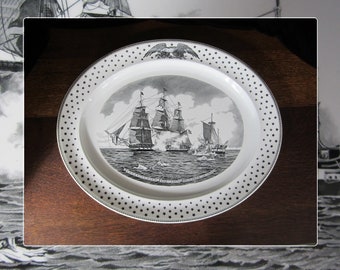 18" Wedgwood Oval Platter Constitution and Java Ships • Vintage 1968 Black & White Illustrated Battle at Sea for American Heritage • England