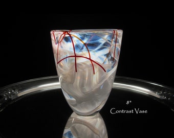 8" Kosta Boda Vase Contrast White by Anna Ehrner Signed with Label • Vintage 2004 Cased Swirled Crystal Veils, Red & Orange Lines • Sweden