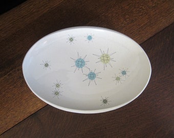 13" Franciscan Starburst Oval Platter • Vintage 1954 Eclipse, Aqua Yellow Green Stars, Speckled Earthenware • Chalmers Iconic Atomic-Age USA