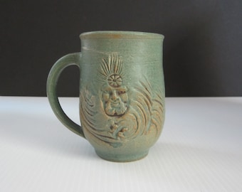Vintage Mug with Mountain Man / Deer in Forest Design Hand Made Pottery • Rustic 12 Oz Barrel Shaped Coffee Cup with Mossy Green & Tan Glaze