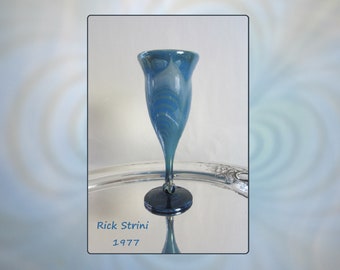 9 3/8" Goblet or Flower Vase R Strini Signed Art Glass • Vintage 1977 Blue Green Pulled Feather Handmade Blown Glassware • Collectible, USA