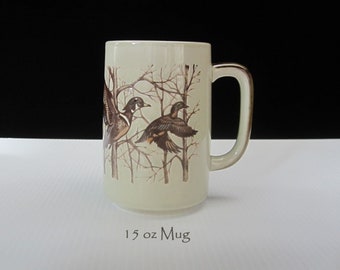 Otagiri Mug Wood Ducks in Flight 15 Oz Large Stoneware Coffee Cup • Vintage Rustic Forest Scene Brown Trim • Wildlife Gamebirds • Japan