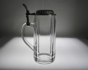 16 Oz Fidenza Vetraria FI.VE Beer Stein with Pewter Lid • Vintage 1980s Pint Glass • Sleek Modern Abstract Vertical Ribbing • Made in Italy