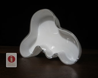 7" Iittala Alvar Aalto Bowl, Opal White, Signed & Label • Vintage 1930s Iconic Finnish Modern • Wavy Asymmetrical Blown Glass Dish • Finland