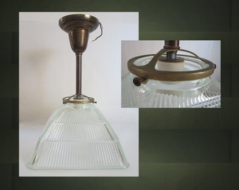 11 3/8" Holophane No. 3774 Light Shade Square • Vintage Industrial Prismatic Glass Reflector Sloped Sides • 4" Fitter and Old Fixture • USA