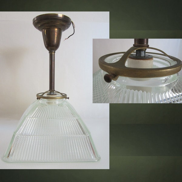 11 3/8" Holophane No. 3774 Light Shade Square • Vintage Industrial Prismatic Glass Reflector Sloped Sides • 4" Fitter and Old Fixture • USA