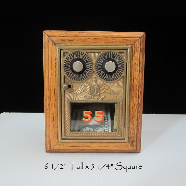 Antique USPS PO Box Door Bank Wooden Oak Cabinet • No. 55 Corbin Eagle Dual Dial Combination Lock • Slot for Bills & Coins, Glass Window USA