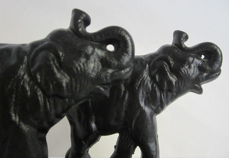 Pair Cast Iron Bookends Connecticut Foundry Elephants with Trunk Up Vintage 1930 Signed Design No. 915 Classic Black Crafted in USA image 4