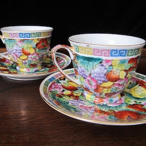 2-Sets Chinese Millefleur 6 Oz. Cup & Saucer • Vintage Porcelain Zhongguo Zhi Zao Enamelware • Colorful Flowers, Fruit, Meander Rim 22K Gold