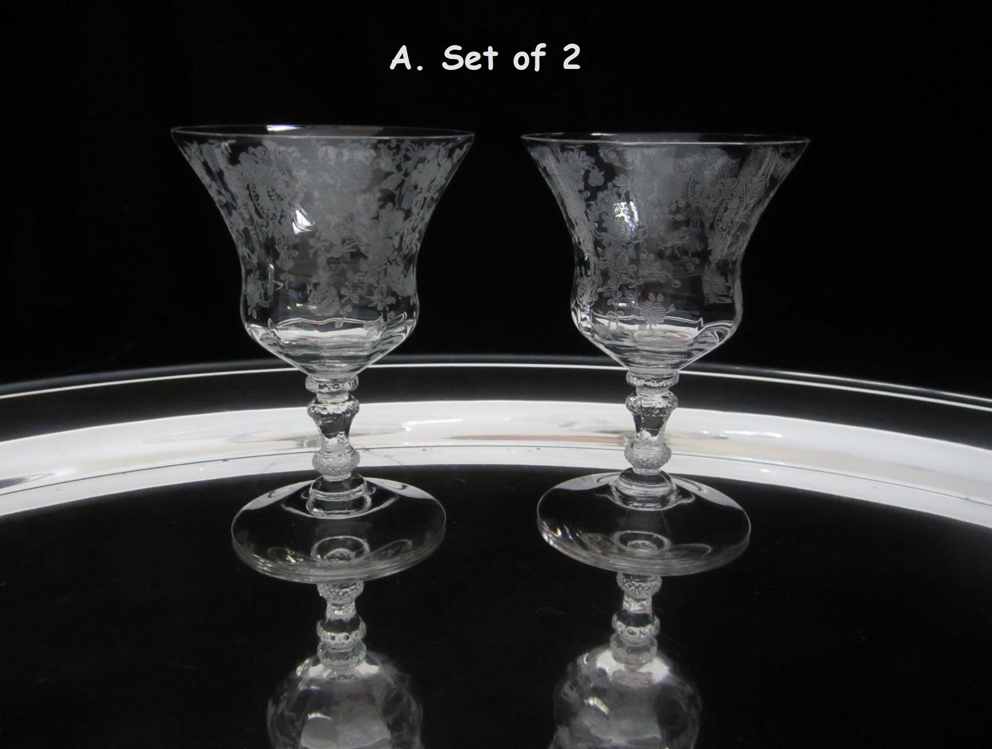 Cambridge Crystal Claret Wine Glasses. Rosepoint Motif. Eight Etched F –  Anything Discovered