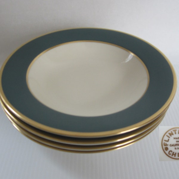 2 or 4-Pc Soup Bowl, Rim Sylvan Teal Green by Flintridge China • Vintage 1964 MCM Gold Trim 8 1/2" Bowls • Soups, Pastas, Salads • Calif USA