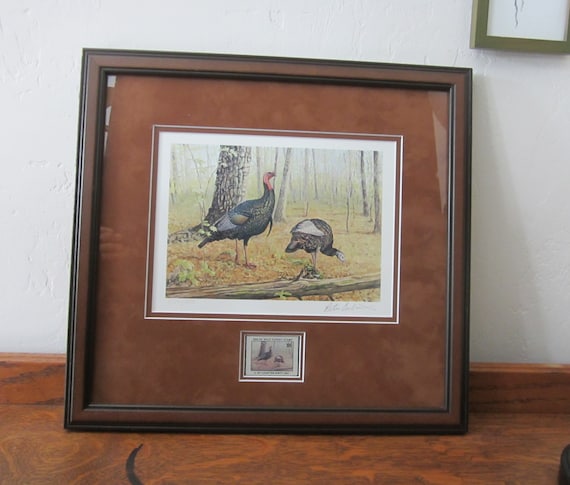 Vintage Framed Wild Turkey Stamp Print • Peter Corbin, Signed