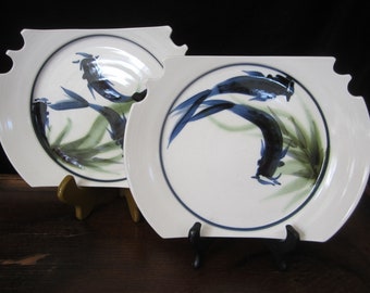 2-Pc Koi Fish Plate with Chopstick Rest • Bold Colorful Cobalt Blue & Green Foliage • Porcelain Handmade Unique • Signed Set Artist Unknown