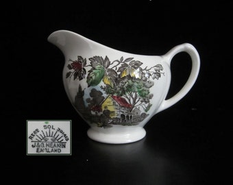 8 Oz Welcome Home Creamer by J&G Meakin SOL • Vintage 1961 Handpainted Multicolor Scene • Cottage Maple Tree Leaves •  Staffordshire England