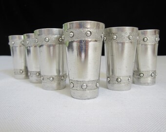 6-Pc Shot Glass by Anne C. Packness, Denmark • Handcrafted Barware Silver Pewter Metal • Vintage MCM Scandinavian Viking Modernist • Signed