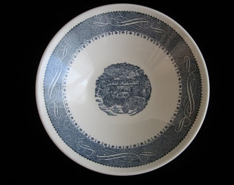 8.75" Currier and Ives Bowl Imperial Blue and White Round Transferware Serving Dish Vintage Coupe Soup Fruit Salad Vegetable Dish USA