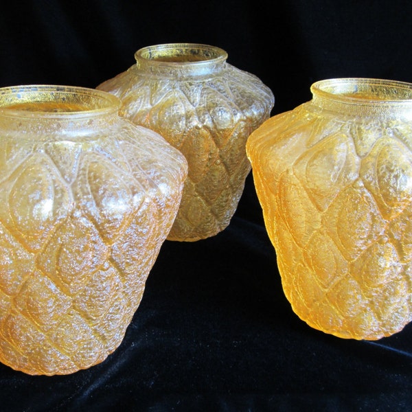 3 Pc Amber Spaghetti Glass Hanging Lamp Shade Set Quilted Diamond Vintage Replacement Globes Retro Swag Lighting Textured 1960s-70s