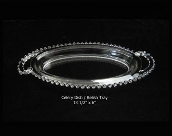 13" Candlewick Celery Tray by Imperial Glass • Vintage 1930s Line 400 Handmade Blown Glass with Beaded Rim and Handles • Crafted in OH, USA