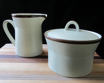 3-Pc Creamer & Sugar Bowl by Mikasa • Vintage 1970s Celedon Green with Brown Band, Matte Finish, Earthy Colors • StoneKraft Stoneware, Japan