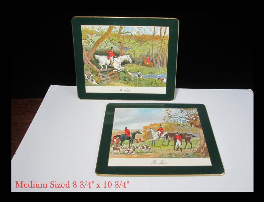 2pc English Placemat Set Antique Hunt Scenes Medium Size Vintage
