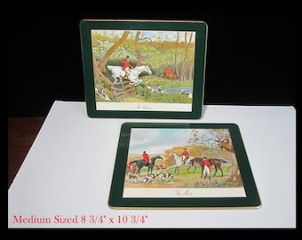 2-Pc English Placemat Set Antique Hunt Scenes Medium Size • Vintage Colorful 8.75x10.75 Forest Green Edge Gilded Rim, Cork Backing • England