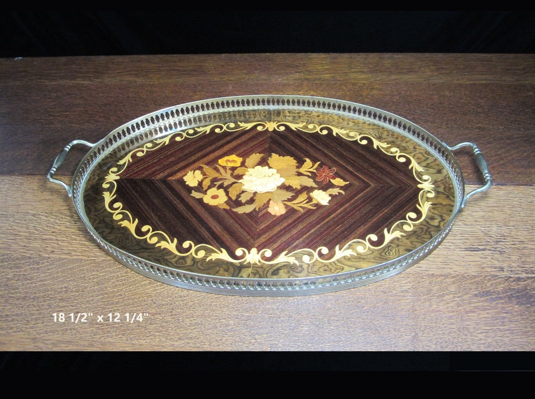 18x12 Italian Marquetry Wood Inlay and Brass Tray With Gallery Rim Oval ...