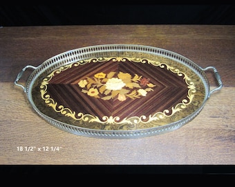 18x12 Italian Marquetry Wood Inlay and Brass Tray with Gallery Rim Oval Extra Large • Vintage Decorative Floral • Traditional Sorrento Italy