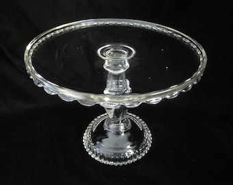 Antique Hobbes Brockunier Cake Stand 10 5/8" Tree of Life with Hand • 1879 Round Pedestal Salver Scalloped Rim • Clear Stippled EAPG WV, USA