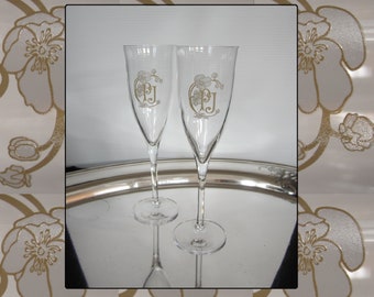2-Pc Perrier-Jouet Champagne Flute Set with Gold & White PJ Logo • Vintage Emile Galle Belle Epoche Anemone Flower • Wedding NY Toast Glass